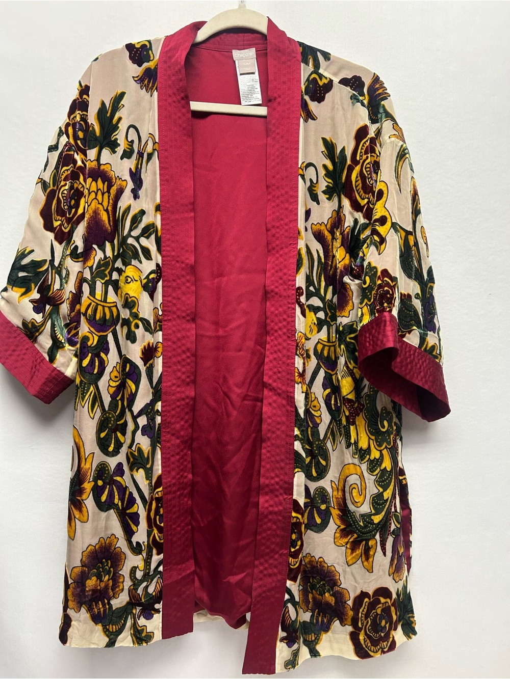 Silky & velvet Floral Kimono Robe in Berry Red